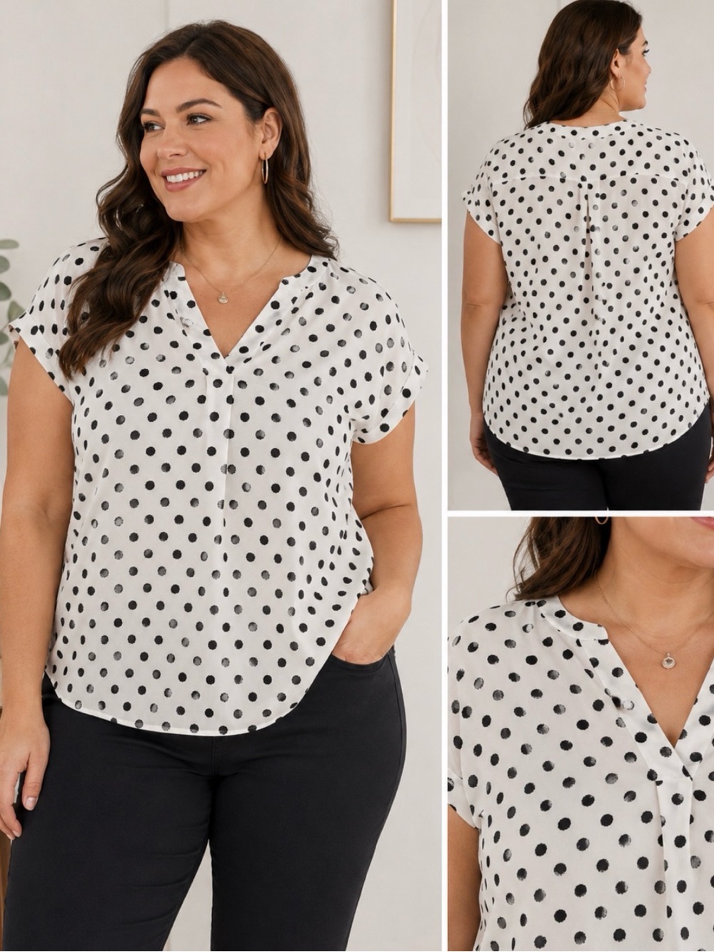 ❤️36 41 Hawthorn White Black Polka Dot Blouse Plus 2X Stitch Fix V Neck Blouse